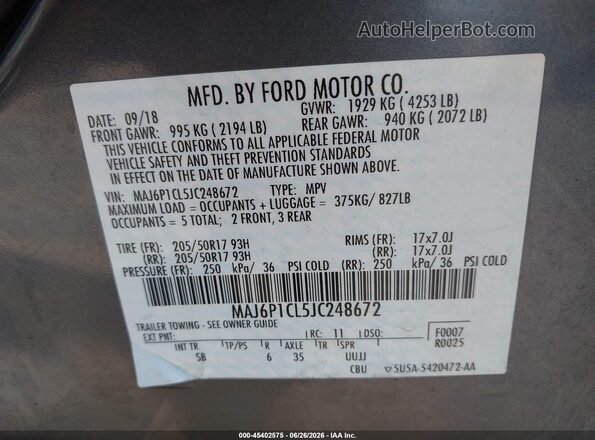 MAJ6P1CL5JC248672 2018 FORD ECOSPORT Gray Շարժիչի բաժամունքի տեսք