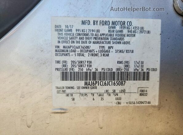MAJ6P1CL6JC165087 2018 FORD ECOSPORT White Vista del compartimento del motor