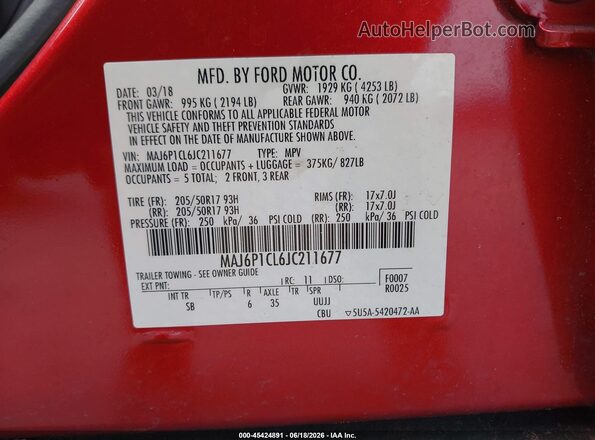 MAJ6P1CL6JC211677 2018 FORD ECOSPORT Red 