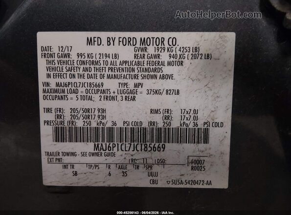 MAJ6P1CL7JC185669 2018 FORD ECOSPORT Gray Vista del compartimento del motor