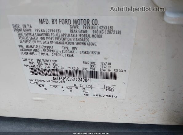 MAJ6P1CL8JC249041 2018 FORD ECOSPORT White ძრავის განყოფილების ხედი