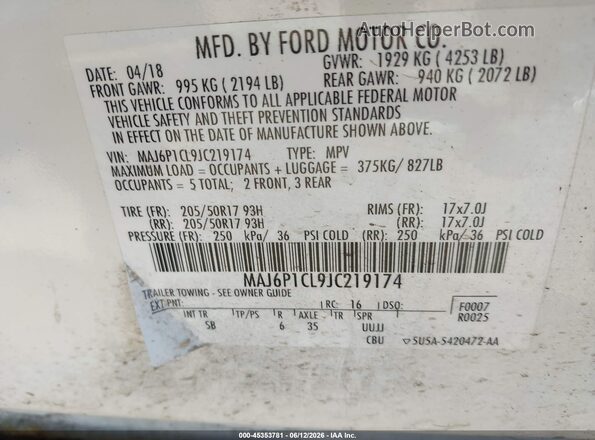 MAJ6P1CL9JC219174 2018 FORD ECOSPORT White Widok komory silnika