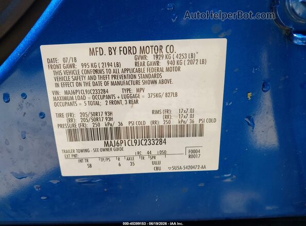 MAJ6P1CL9JC233284 2018 FORD ECOSPORT Blue Շարժիչի բաժամունքի տեսք
