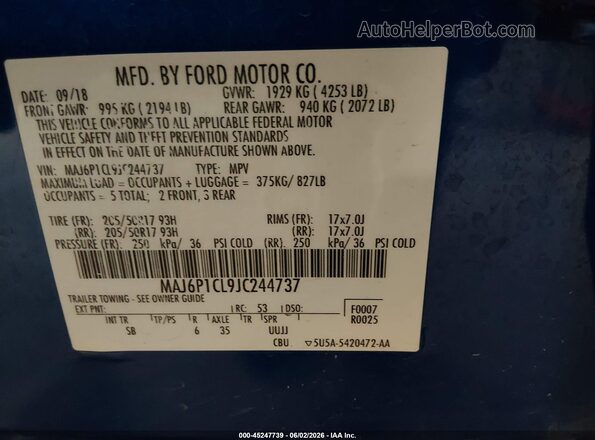 MAJ6P1CL9JC244737 2018 FORD ECOSPORT Blue 