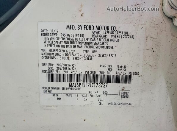 MAJ6P1SL2JC173737 2018 FORD ECOSPORT White VIN կոդի պիտակի տեսք