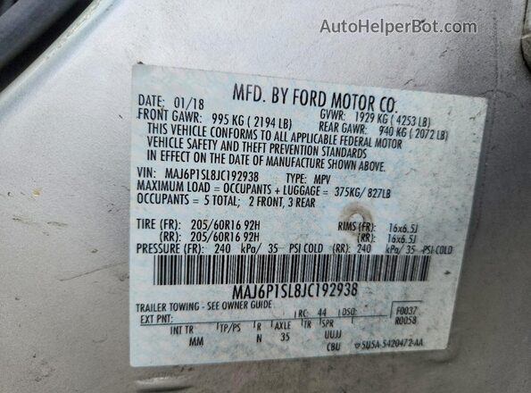MAJ6P1SL8JC192938 2018 FORD ECOSPORT Silver Vista de la etiqueta del VIN