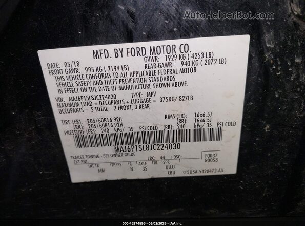 MAJ6P1SL8JC224030 2018 FORD ECOSPORT Black Engine compartment view