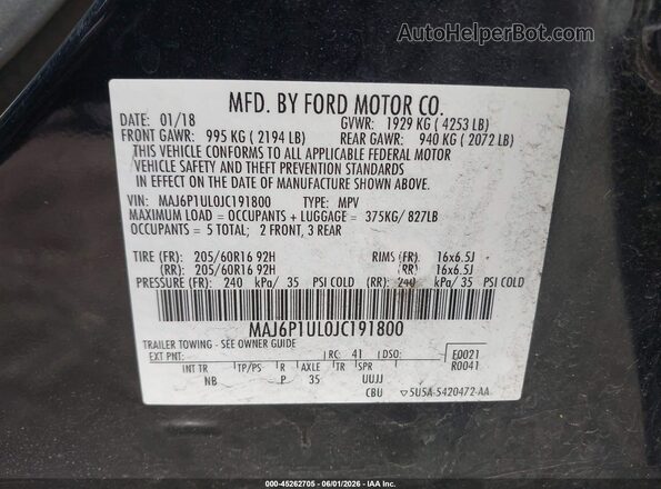 MAJ6P1UL0JC191800 2018 FORD ECOSPORT Black Vista del compartimento del motor