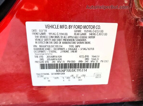 MAJ6P1UL0JC195314 2018 FORD ECOSPORT Red 