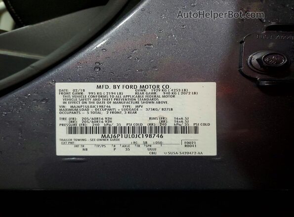 MAJ6P1UL0JC198746 2018 FORD ECOSPORT Gray VIN կոդի պիտակի տեսք