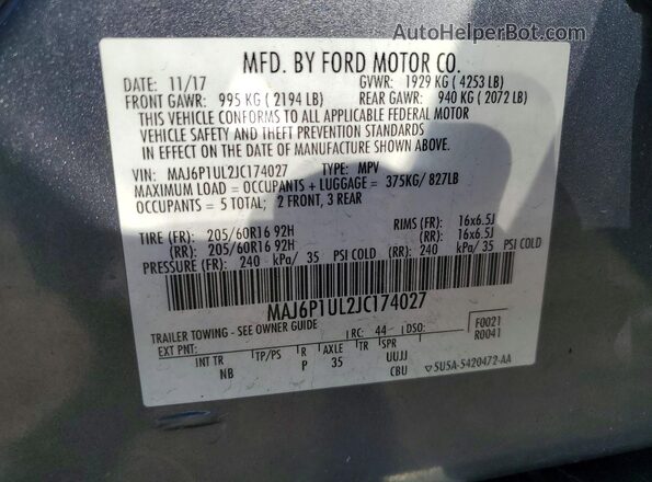MAJ6P1UL2JC174027 2018 FORD ECOSPORT Gray VIN sticker view