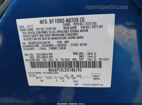 MAJ6P1UL2JC186193 2018 FORD ECOSPORT Dark Blue Widok komory silnika