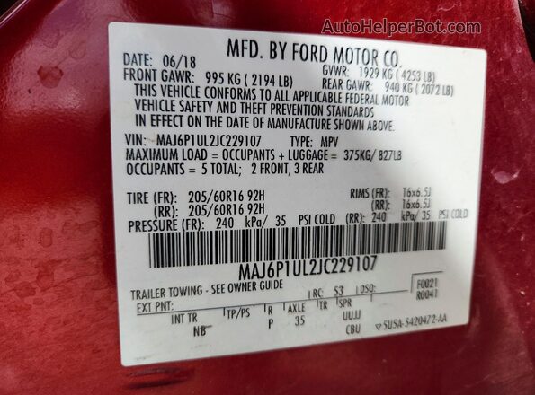 MAJ6P1UL2JC229107 2018 FORD ECOSPORT Red Вид наклейки з VIN-кодом