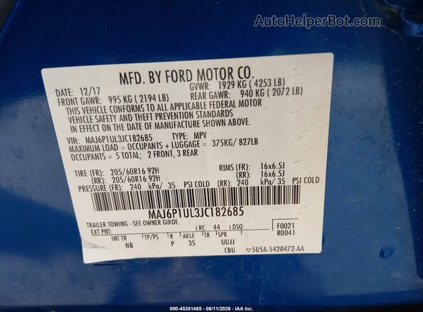MAJ6P1UL3JC182685 2018 FORD ECOSPORT Blue Widok komory silnika