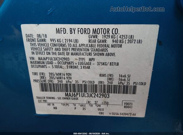 MAJ6P1UL3JC242903 2018 FORD ECOSPORT Blue Widok komory silnika