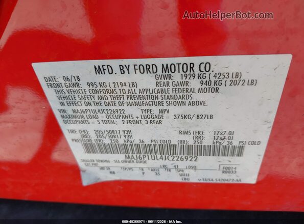 MAJ6P1UL4JC226922 2018 FORD ECOSPORT Red Engine compartment view
