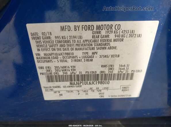 MAJ6P1UL6JC198010 2018 FORD ECOSPORT Blue Widok komory silnika
