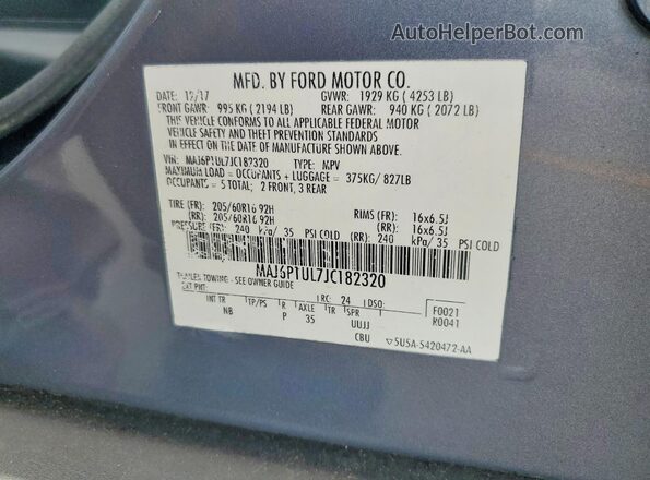 MAJ6P1UL7JC182320 2018 FORD ECO Серый Вид наклейки с VIN-кодом