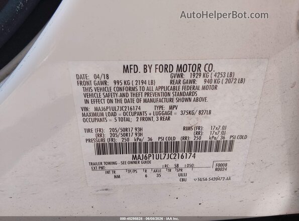 MAJ6P1UL7JC216174 2018 FORD ECOSPORT White Vista del compartimento del motor