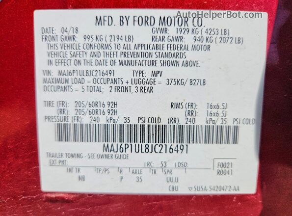 MAJ6P1UL8JC216491 2018 FORD ECOSPORT Red VIN կոդի պիտակի տեսք