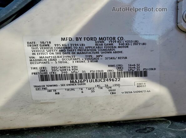 MAJ6P1UL8JC249622 2018 FORD ECOSPORT White Vista de la etiqueta del VIN