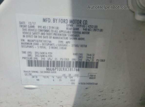 MAJ6P1UL9JC181766 2018 FORD ECOSPORT White Вид наклейки з VIN-кодом