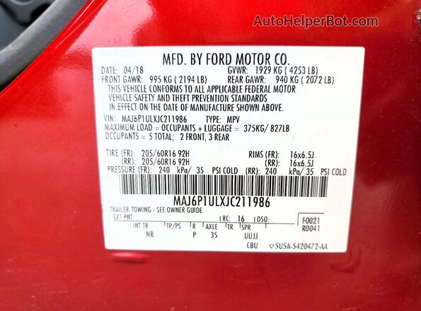 MAJ6P1ULXJC211986 2018 FORD ECOSPORT Maroon VIN კოდის სტიკერის ხედი