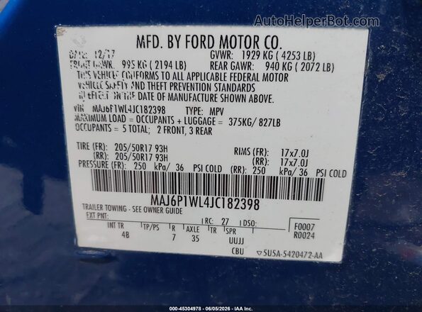 MAJ6P1WL4JC182398 2018 FORD ECOSPORT Blue Vista del compartimento del motor