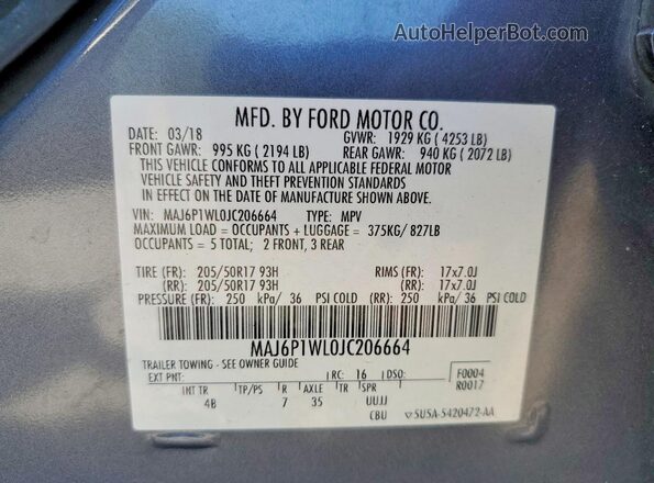 MAJ6P1WL0JC206664 2018 FORD ECOSPORT Silver VIN კოდის სტიკერის ხედი
