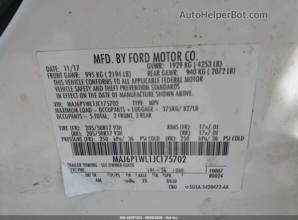 MAJ6P1WL1JC175702 2018 FORD ECOSPORT White Vista del compartimento del motor