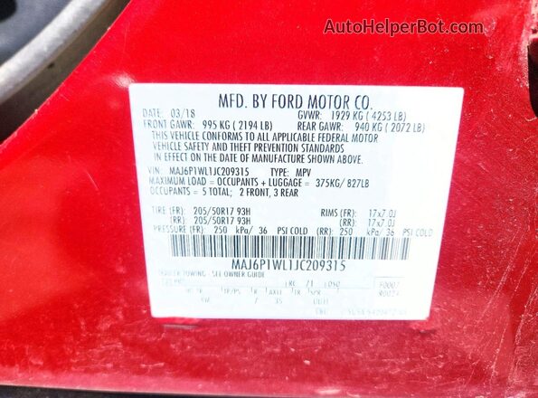 MAJ6P1WL1JC209315 2018 FORD ECOSPORT Red 