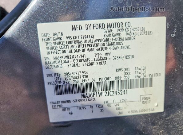MAJ6P1WL2JC245241 2018 FORD ECOSPORT Gray Widok naklejki z numerem VIN