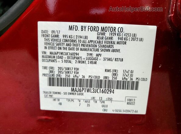 MAJ6P1WL3JC160294 2018 FORD ECOSPORT Burgundy VIN კოდის სტიკერის ხედი