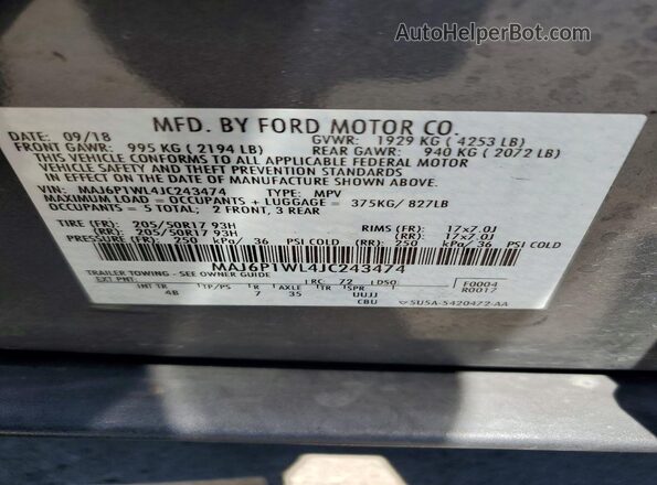 MAJ6P1WL4JC243474 2018 FORD ECOSPORT Gray 