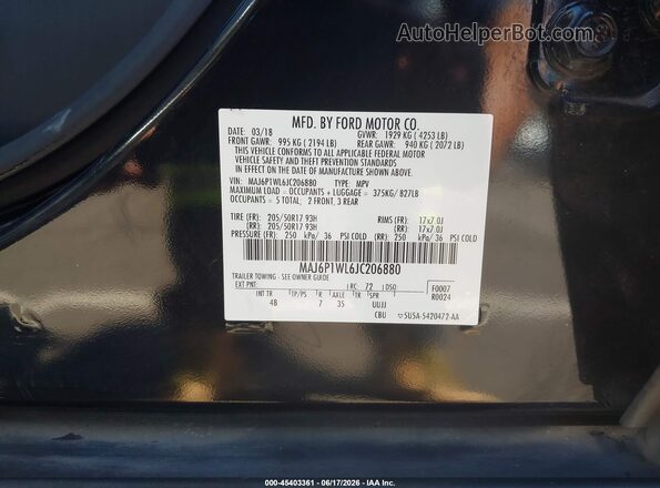 MAJ6P1WL6JC206880 2018 FORD ECOSPORT Black Vista del compartimento del motor