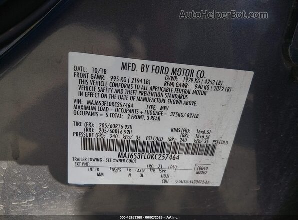 MAJ6S3FL0KC257464 2019 FORD ECOSPORT Gray Շարժիչի բաժամունքի տեսք
