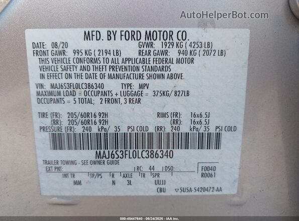 MAJ6S3FL0LC386340 2020 FORD ECOSPORT Silver Engine compartment view