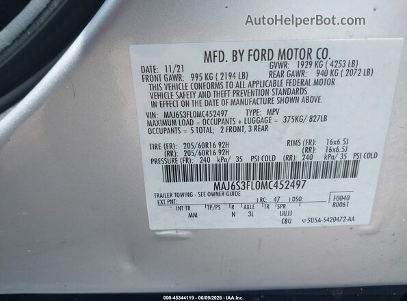 MAJ6S3FL0MC452497 2021 FORD ECOSPORT Серебряный Вид подкапотного пространства