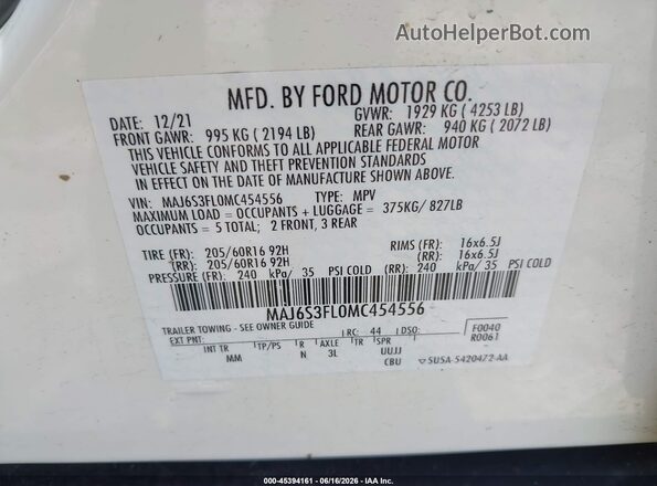 MAJ6S3FL0MC454556 2021 FORD ECOSPORT White Engine compartment view
