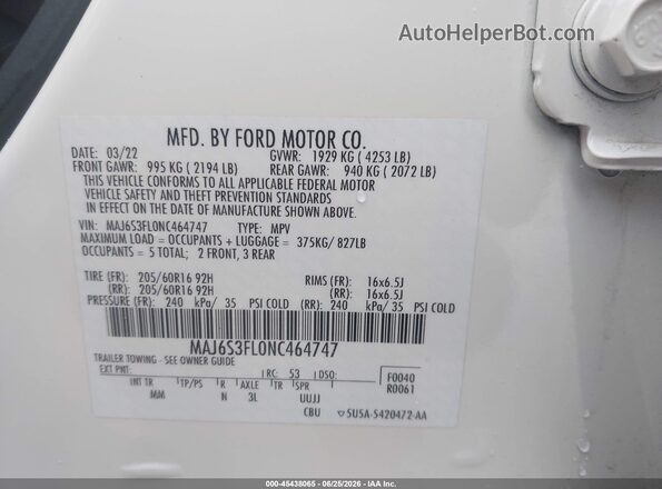 MAJ6S3FL0NC464747 2022 FORD ECOSPORT White Widok komory silnika