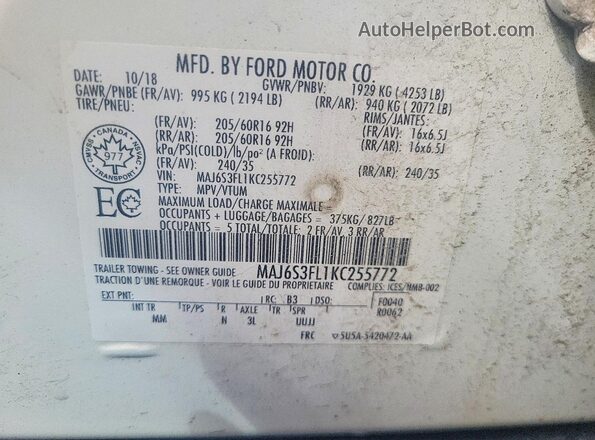 MAJ6S3FL1KC255772 2019 FORD ECOSPORT Белый Вид наклейки с VIN-кодом