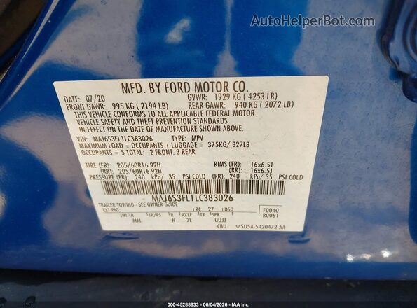 MAJ6S3FL1LC383026 2020 FORD ECOSPORT Light Blue Widok komory silnika