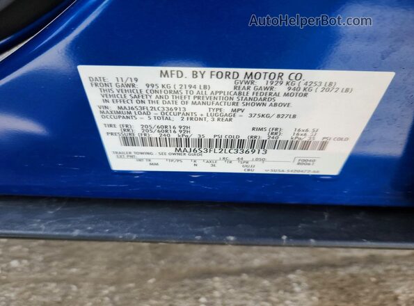MAJ6S3FL2LC336913 2020 FORD ECOSPORT Синий Вид наклейки с VIN-кодом