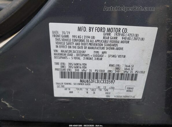 MAJ6S3FL3LC333597 2020 FORD ECOSPORT Gray ძრავის განყოფილების ხედი