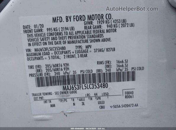 MAJ6S3FL5LC353480 2020 FORD ECOSPORT White Engine compartment view