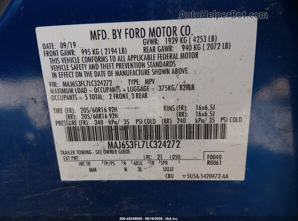 MAJ6S3FL7LC324272 2020 FORD ECOSPORT Blue Вид підкапотного простору