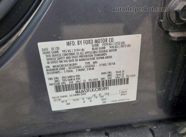 MAJ6S3FLXLC385891 2020 FORD ECOSPORT Gray VIN sticker view