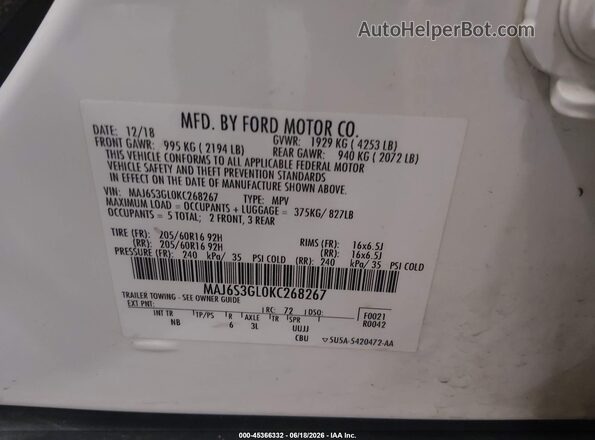 MAJ6S3GL0KC268267 2019 FORD ECOSPORT White Widok komory silnika