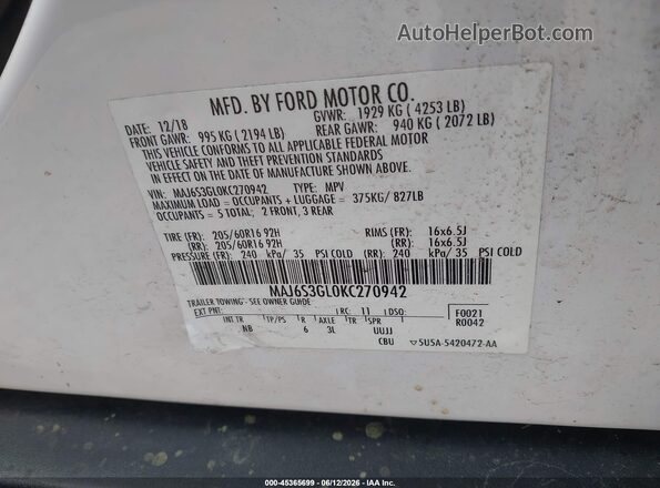 MAJ6S3GL0KC270942 2019 FORD ECOSPORT White Engine compartment view