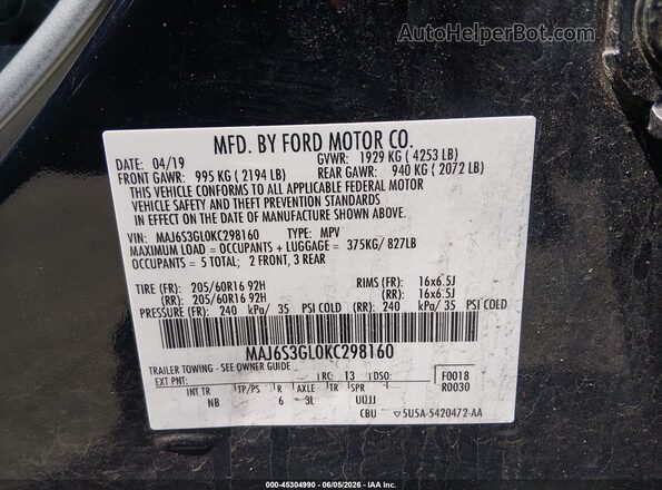 MAJ6S3GL0KC298160 2019 FORD ECOSPORT Black Vista del compartimento del motor